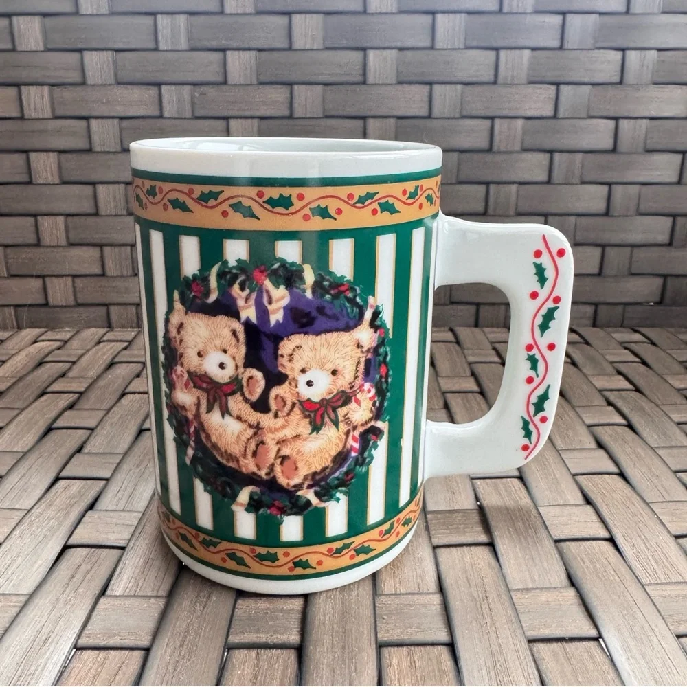 Vintage Houston Foods Teddy‎ Bear Festive Christmas Mug Green Stripes 16oz